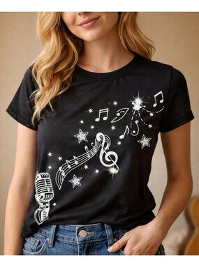 Music Microphone Shirt Womens L Black Star Note Graphic Tee Treble Clef